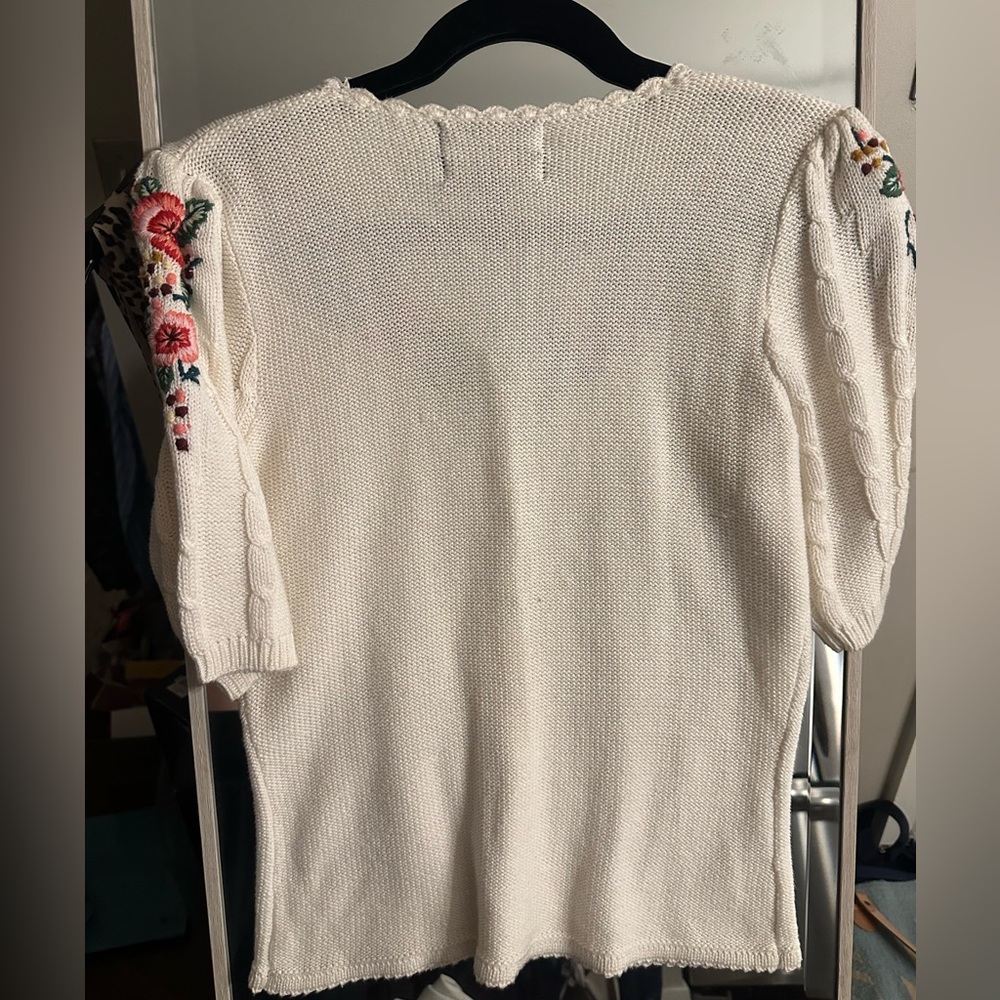 VTG 1980s Herman Geist Hand Embroidered Knit Short Sleeve Cardigan Sweater - S - Picture 4 of 5